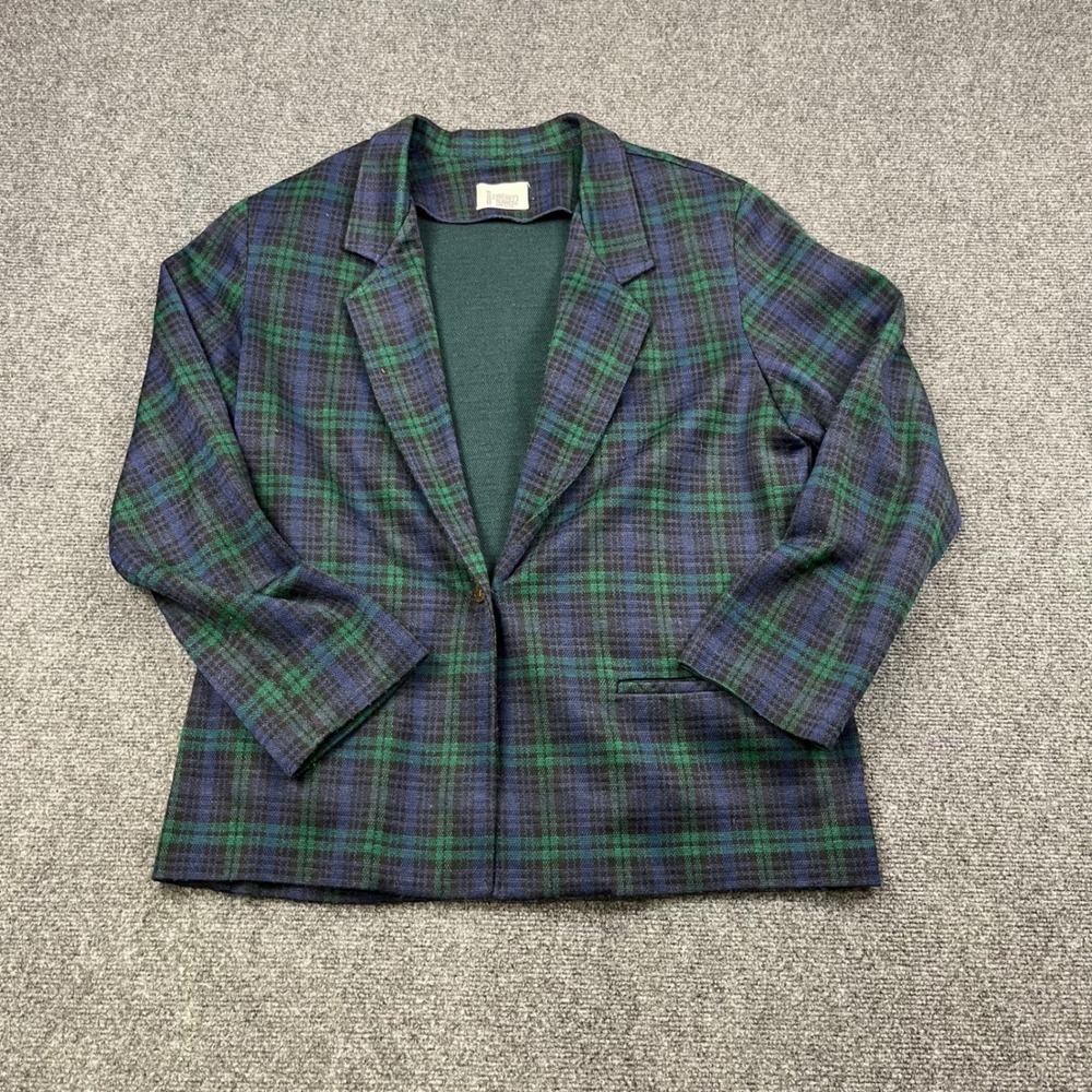 Cricket Lane Vintage Plaid Academic Blazer Green Blue Tartan Knit Jacket USA‎